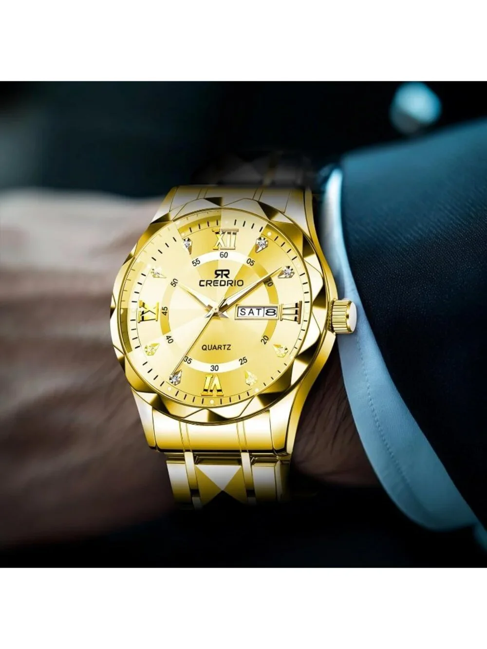 Mens Gold Stainless Steel Waterproof Diamond Analog Quartz Luminous Wrist Watch